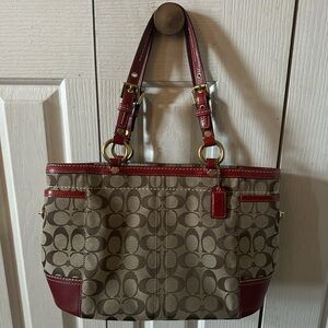 Coach Beige Signature Canvas Tote with Red Trim